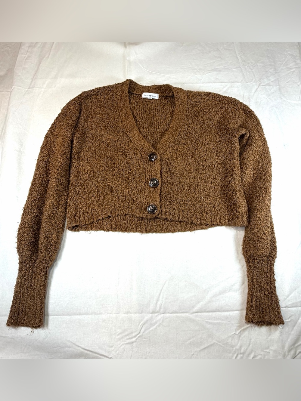 Hooked Up by IOT Cropped Teddy Cardigan - Brown